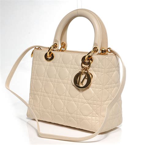 CHRISTIAN DIOR Lambskin Cannage Medium Lady Dior Beige .